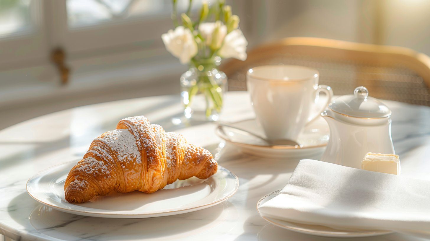 Heller Marmortisch mit Croissant, Café und Blumen im Morgenlicht