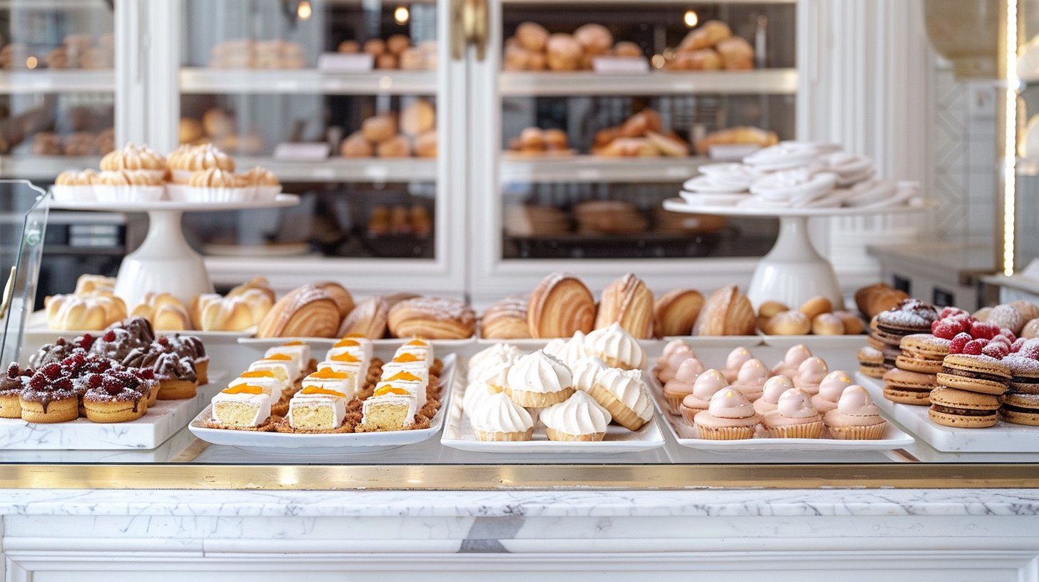 Pâtisserie-Theke mit Macarons und Éclairs